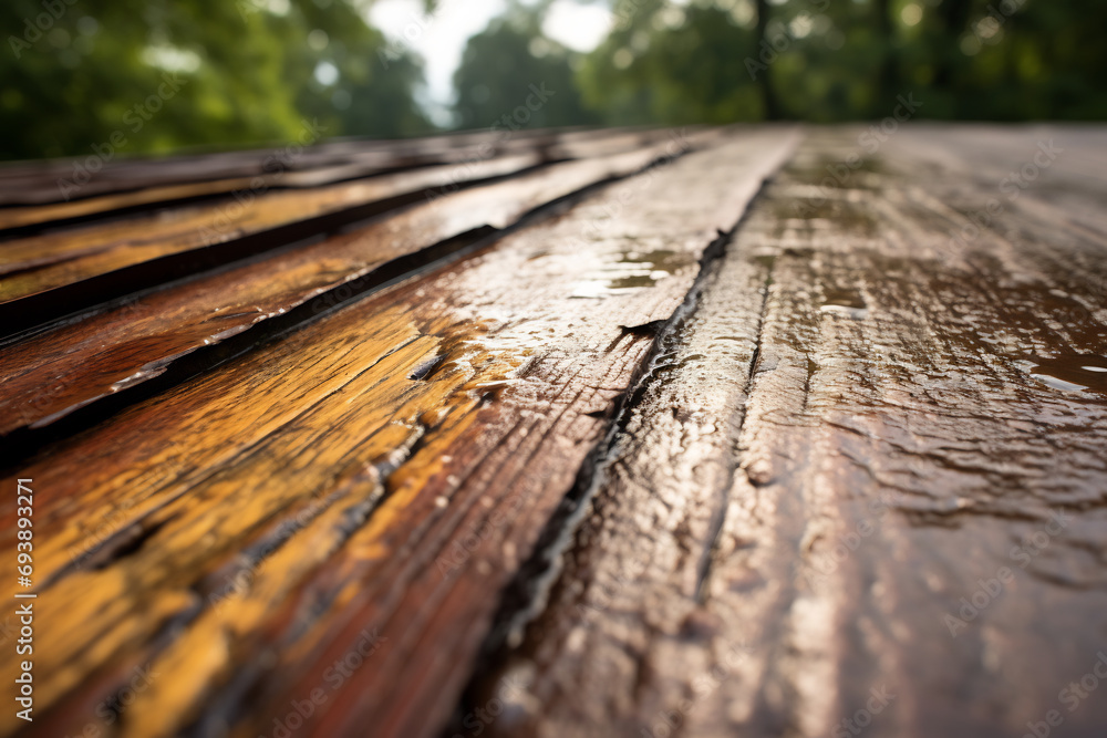 Old dark wooden wall with raindrops at the forest background