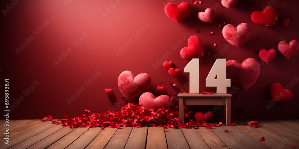 Valentine's day, 14 february theme banner. Love and romance background. Red wall with heart shapes. Space for text. - obrazy, fototapety, plakaty 