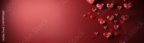 Valentine's day, 14 february theme banner. Love and romance background. Red wall with heart shapes. Space for text.