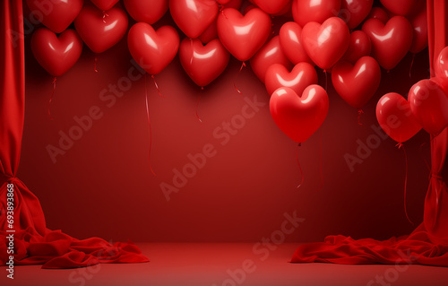 Heart shape balloons on red background. Valentine's day, 14 february theme. Love and romance. Space for product presentation.