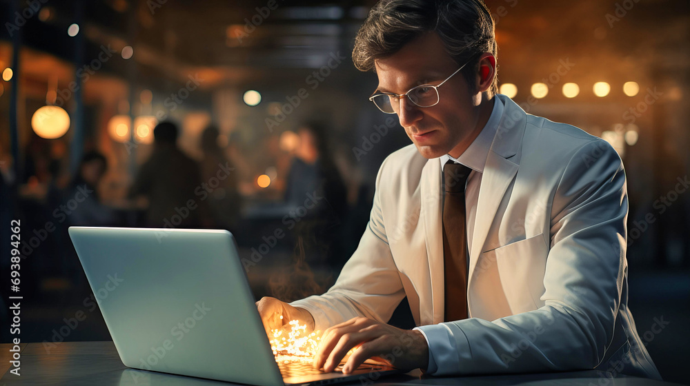Focused Businessman in Glasses Working Intensely on Laptop in Busy Evening Restaurant Environment Focused Businessman in Glasses Working Intensely on Laptop in Busy Evening Restaurant Environment