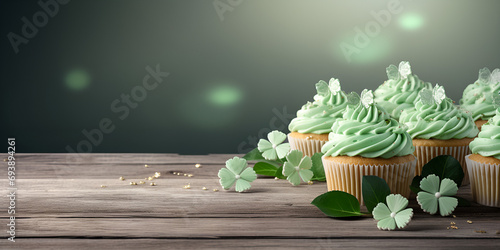 plant on the table, Delicious decorated cupcakes on light table st patrick's day celebration ,Delicious decorated cupcakes on light table st patrick's day celebration  generative ai

