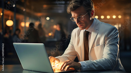 Focused Businessman in Glasses Working Intensely on Laptop in Busy Evening Restaurant Environment