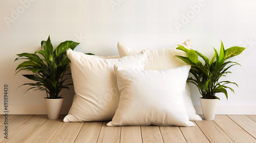 Minimalist Home Decor with Pristine White Pillows and Vibrant Potted Peace Lilies