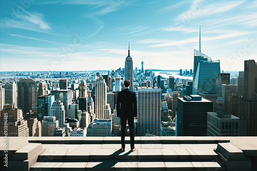 Inspiring View. Confident Businessman Contemplating the Vibrant Cityscape from Skyscraper Summit © katrin888