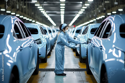a person in a blue suit working on a car assembly line in a large warehouse. The person is wearing a white cap and a face mask, and is working on a light blue car door photo