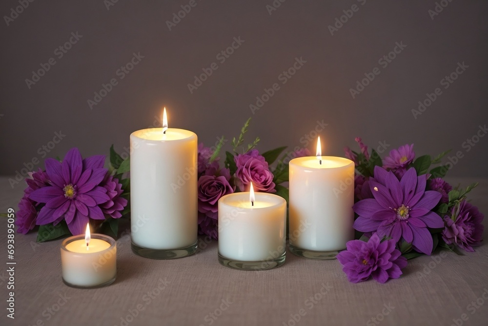 A relaxing background decorated with candles and purple flowers.