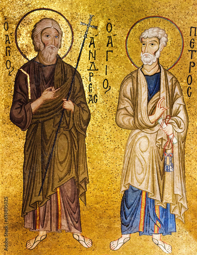Palermo, Mosaic of apostles 12th century mosaics executed by Byzantine craftsmen. Andrew and Peter in the Martorana Church.  photo