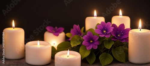 A relaxing background decorated with candles and purple flowers.