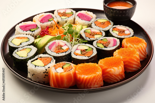 A colorful platter of vegan sushi rolls arranged with pickled ginger and soy sauce. Concept of a diverse and cruelty-free sushi selection. Generative Ai.