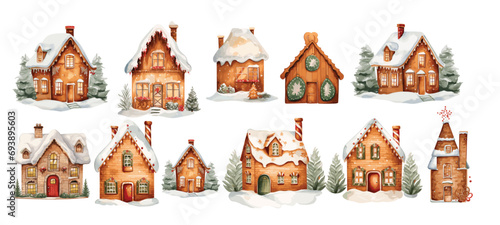Watercolor Christmas gingerbread houses illustration set