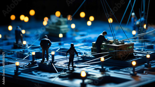 Miniature Technicians Working on a Circuit Board Cityscape with Illuminated Network Connections at Night