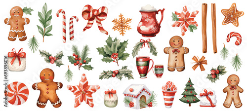 Watercolor Christmas cookies and decorations in cartoon style Cute illustrations