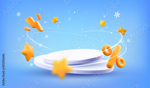 Stage podium vector illustration. Round pedestal with percentage and flash icons with wind effect on blue background. Discount offer, sale template