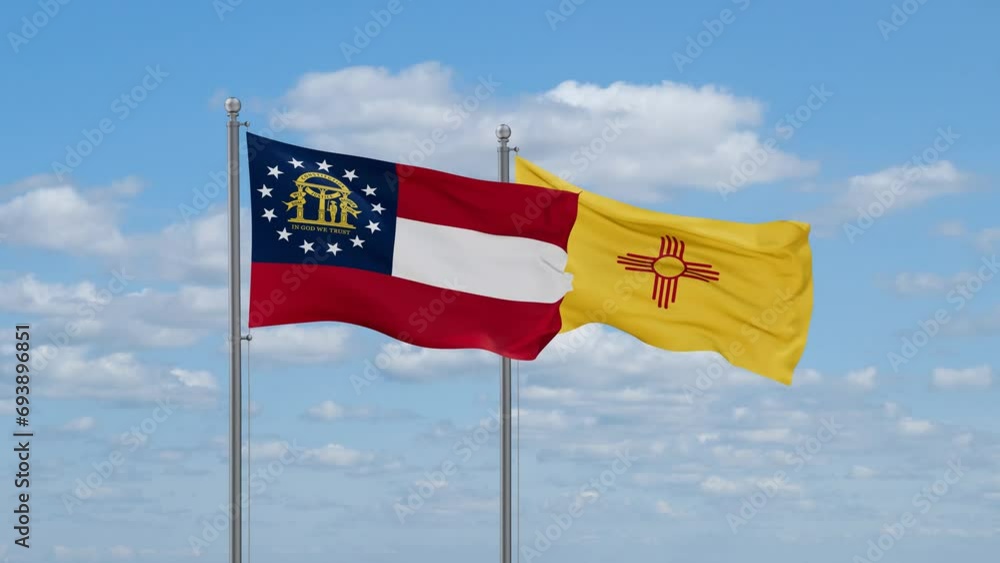 New Mexico and Georgia US state flags waving together on cloudy sky, endless seamless loop New Mexico and Georgia US state flags waving together on cloudy sky, endless seamless loop