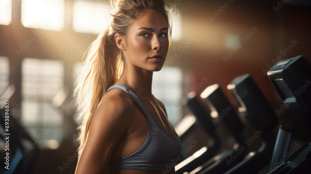 Portrait beautiful blond young tired and sweaty woman look at camera with serious face. Close up pretty girl sportswoman rest after physical training. Sport gym background. Fitness trainer workout. Portrait beautiful blond young tired and sweaty woman look at camera with serious face. Close up pretty girl sportswoman rest after physical training. Sport gym background. Fitness trainer workout.