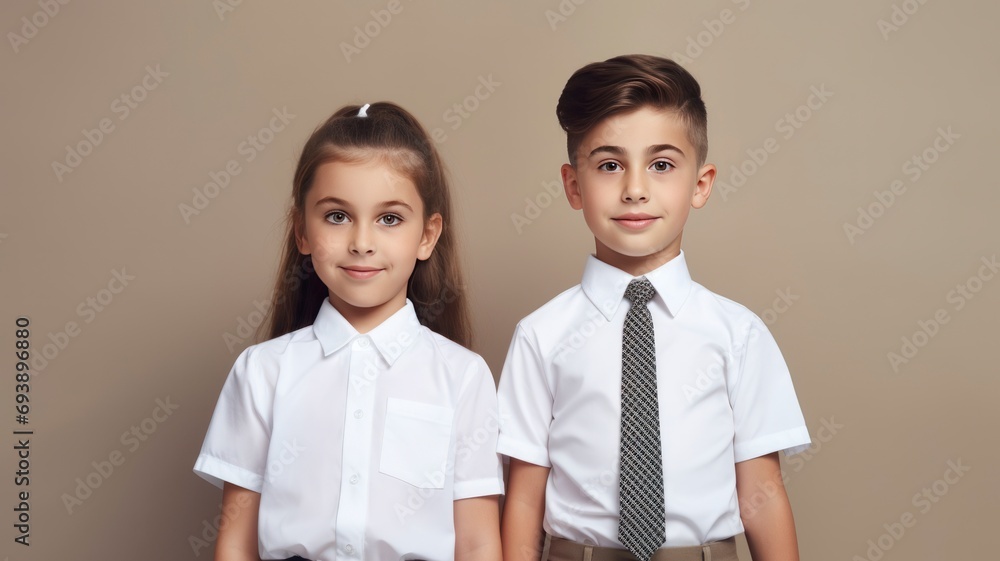 Front view of cute american girl and boy posing together, in school uniforms, one color background, copy space -generative ai Front view of cute american girl and boy posing together, in school uniforms, one color background, copy space -generative ai