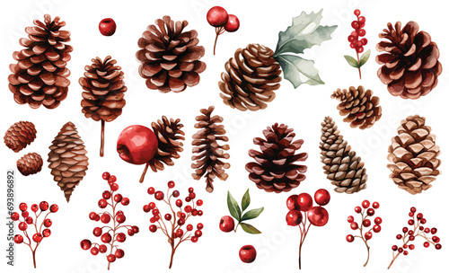 Watercolor Christmas cones and red barriers hand drawn illustration