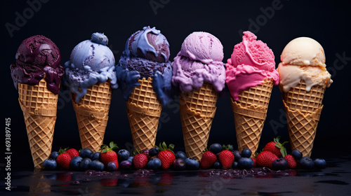 Various of ice cream flavor in cones blueberry
