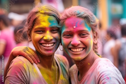 portrait of two hindu young female friends covered with colorful paint celebrating holi festival in India