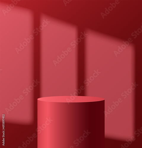 Light podium with shadow from window on wall. Abstract empty room with red color cylinder stand pedestal. stage for showcase, display presentation. Studio room concept