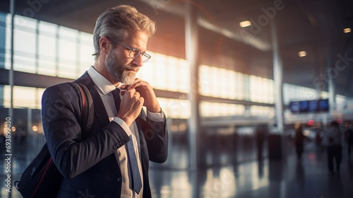 Businessman in suit fixing his tie while walking in modern airport terminal photo