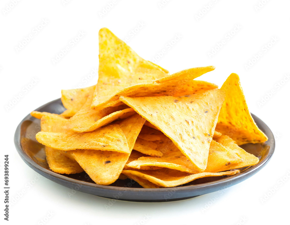 tortilla chips auf Teller soliert auf weißem Hintergrund, Freisteller tortilla chips auf Teller soliert auf weißem Hintergrund, Freisteller