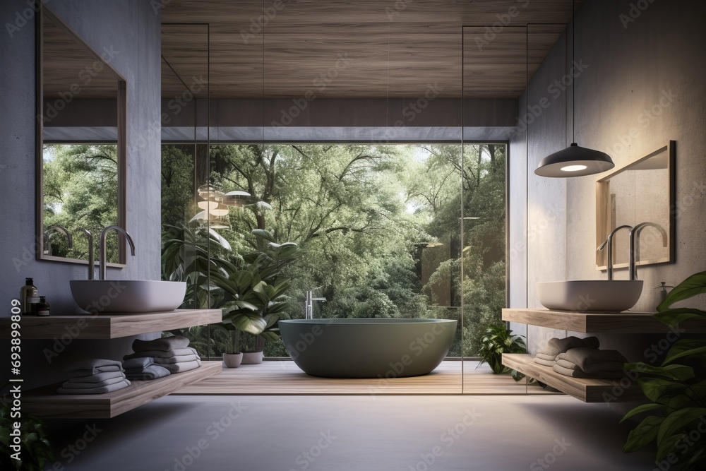Eco style interior of bathroom in modern house with exit to garden. Eco style interior of bathroom in modern house with exit to garden.