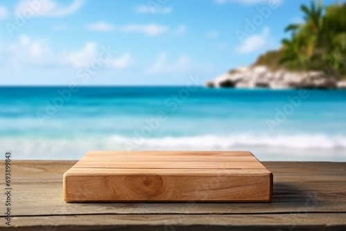 Wooden table with a podium and free space for your products. Summer holiday day and seascape. generative ai.