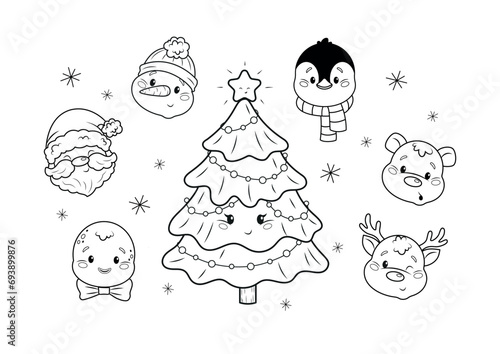set of christmas tree with christmas characters, outline vector illustration of santa,reindeer, snowman, penguin, polar bear,gingerbread man and christmas tree,coloring or activity book for kids