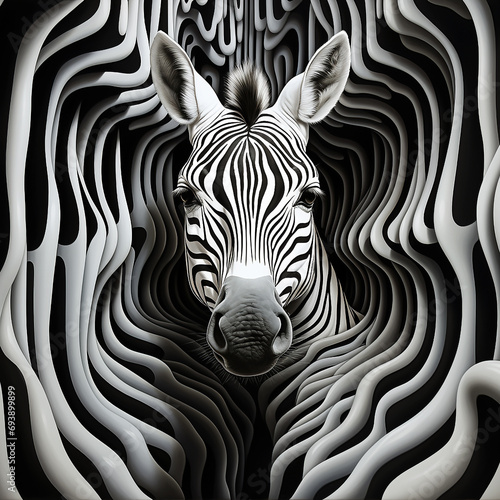 3D black and white zebra optical illusion artwork.