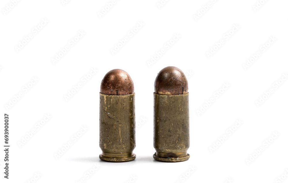 Firearms bullets on a white background, 9mm pistol cartridge Firearms bullets on a white background, 9mm pistol cartridge