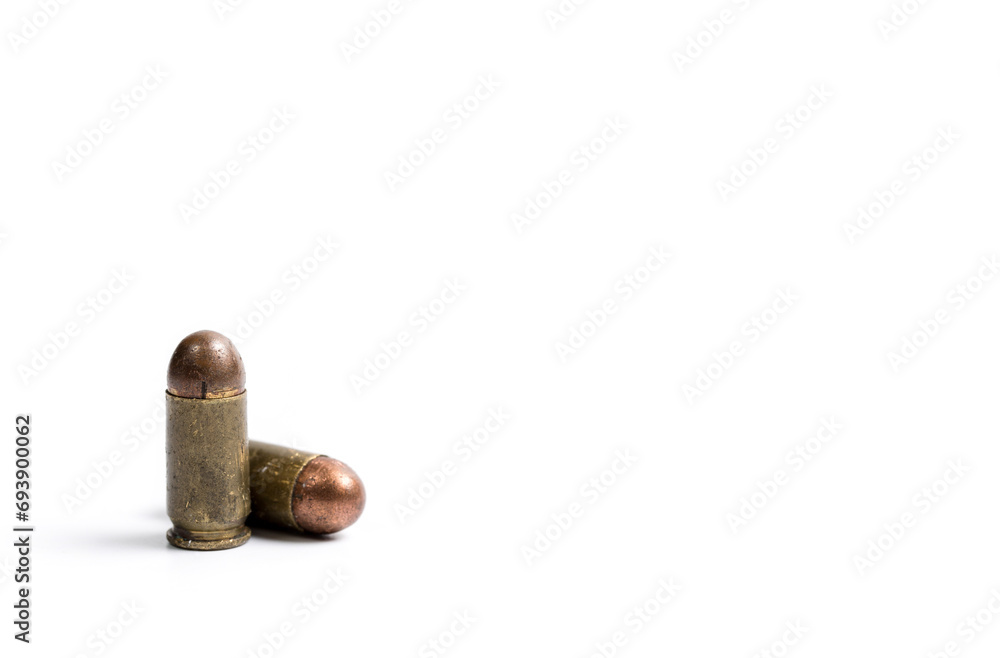 Firearms bullets on a white background, 9mm pistol cartridge Firearms bullets on a white background, 9mm pistol cartridge