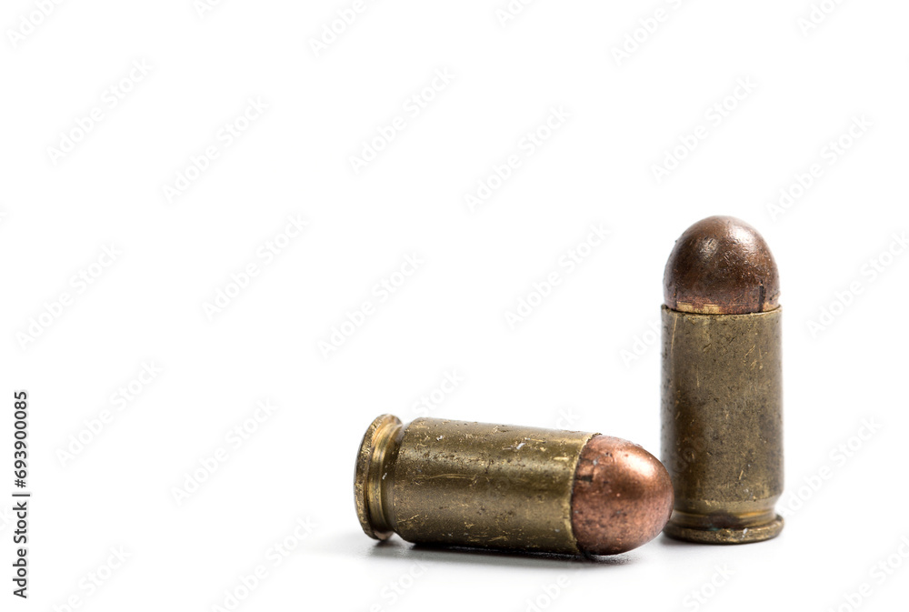 Firearms bullets on a white background, 9mm pistol cartridge Firearms bullets on a white background, 9mm pistol cartridge