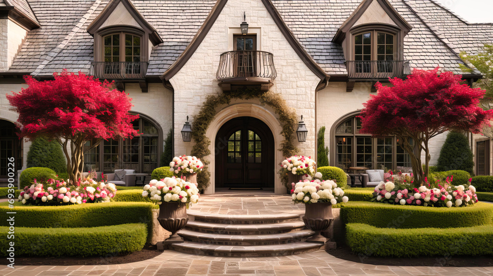 Elegant Stone Manor Entryway Flanked by Vibrant Red Trees and Lush Floral Arrangements