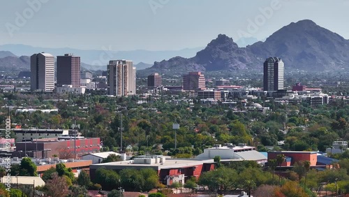 Phoenix city downtown skyline cityscape of Arizona in USA. Top view of downtown Phoenix Arizona on a summer day in USA. photo
