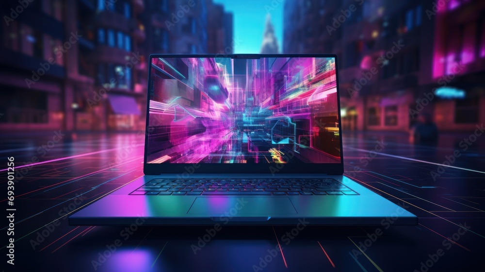Futuristic illustration about computer technology with laptop in neon colors. Futuristic illustration about computer technology with laptop in neon colors.