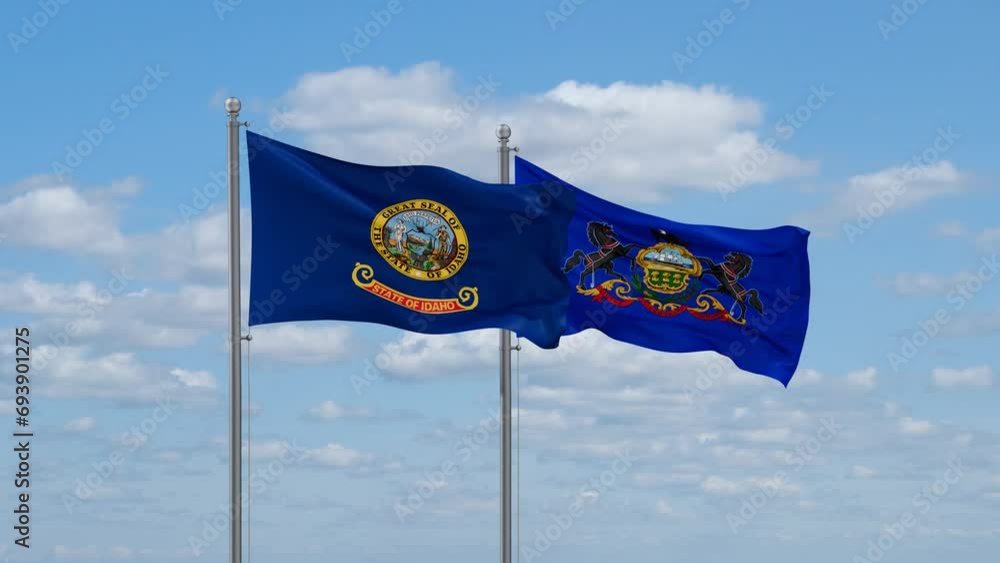 Pennsylvania and Idaho US state flags waving together on cloudy sky, endless seamless loop Pennsylvania and Idaho US state flags waving together on cloudy sky, endless seamless loop