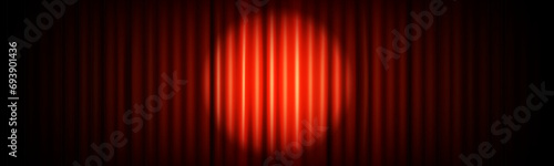 Red curtain background with spotlight in theater or cinema. Red closed velvet curtain for circus, theatre, scene and club