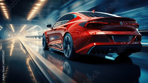 Rear view of metalic red car on high speed in turn © Tirtonirmolo