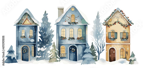 Watercolor Christmas winter houses, Blue illustration with pine trees