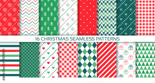 Xmas backgrounds. Christmas seamless pattern. New year packing paper with polka dot, tree, stripes, houndstooth and check. Collection festive textures. Red green textile prints. Vector illustration