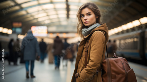 Young woman traveler in subway station waiting for the train to arrive, travel and active lifestyle concept