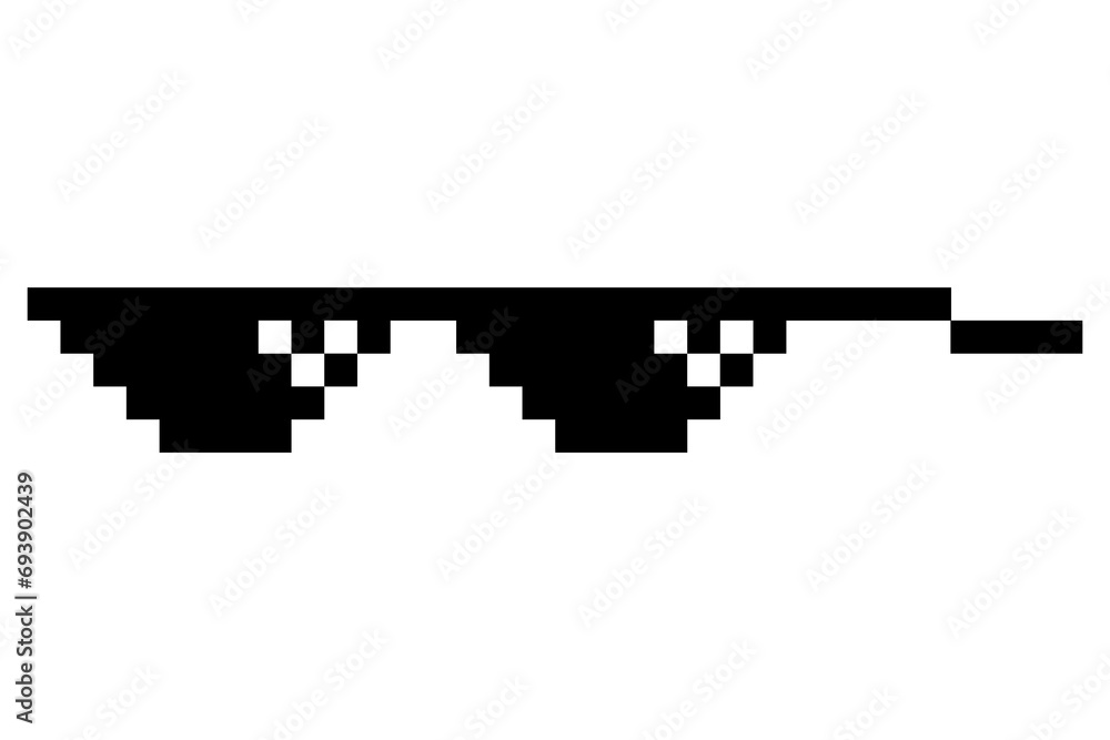Pixel glasses meme. Like a boss meme. Pixelation, accessory optical fashion. 8 bit funky logo icon.  cartoon eyeglass frame for sunglasses - obrazy, fototapety, plakaty 