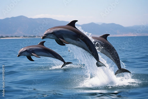 A pod of dolphins leaps out of the water, their sleek bodies glistening in the sun. The dolphins are playing, and they seem to be enjoying themselves. © Oleksandr