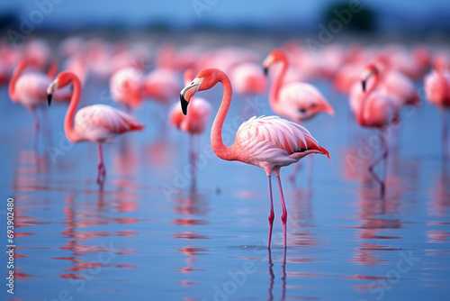 A flock of flamingos wades in a shallow lake. The flamingos are a brilliant pink  and they stand out against the blue water.