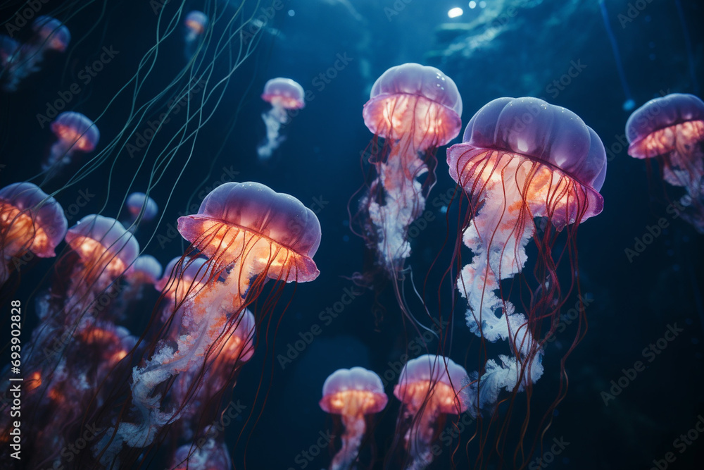 Naklejka premium A mesmerizing shot of a shimmering school of jellyfish, their translucent bodies glowing against a dark ocean background