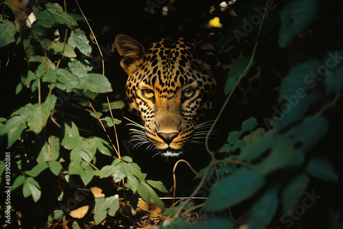 The intensity of a stalking leopard in the dappled shade  its spotted coat standing out against the surrounding foliage