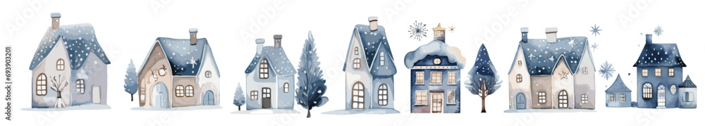 Watercolor Christmas winter houses, Blue illustration with pine trees