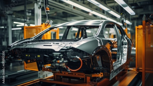 Robotic arm welding the car in a futuristic assembly automotive manufacturing plant.EV Production Line on Advanced Automated Smart Factory. High Performance Electric Car Manufacturing